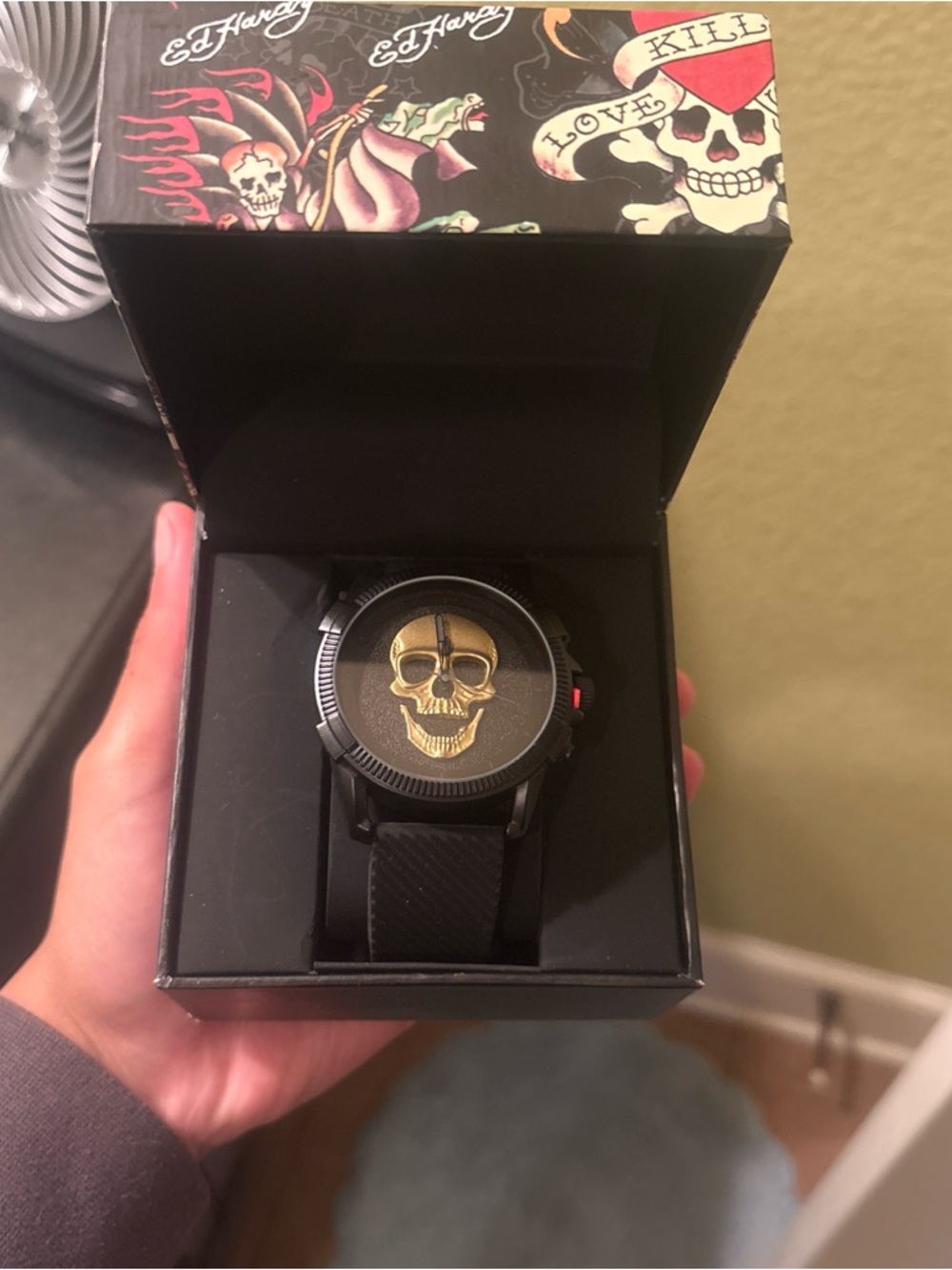 Ed Hardy Black Watch with Gold Skull Dial Accent